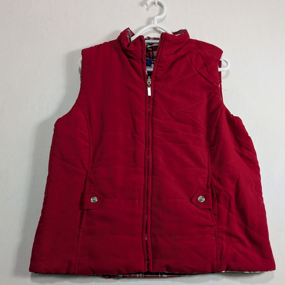 Karen Scott Sport Puffer Vest Womens Large Red Plaid Lined Quilted Zip Up
